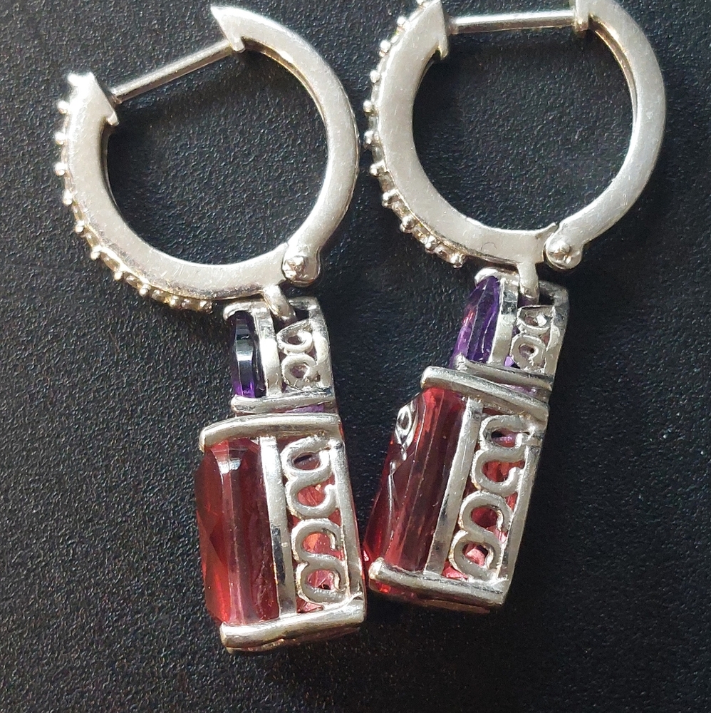 Red spinel and amethyst platinum plated earrings - Picture 3 of 6